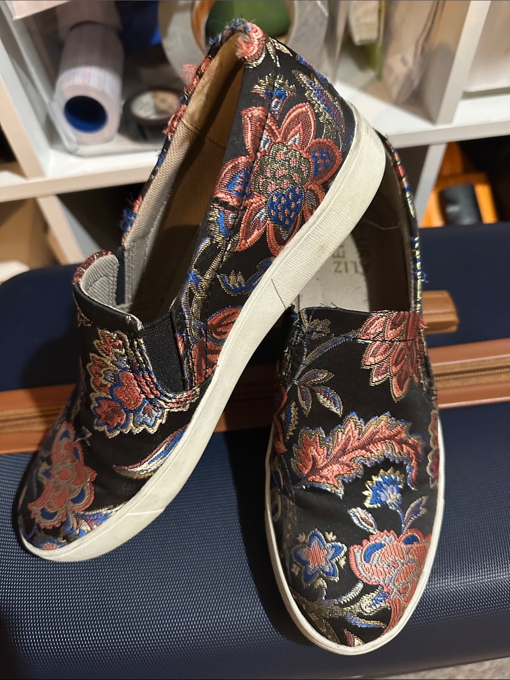 Naturalizer Black Slip-On Flats with Pink & Blue Floral Embroidery